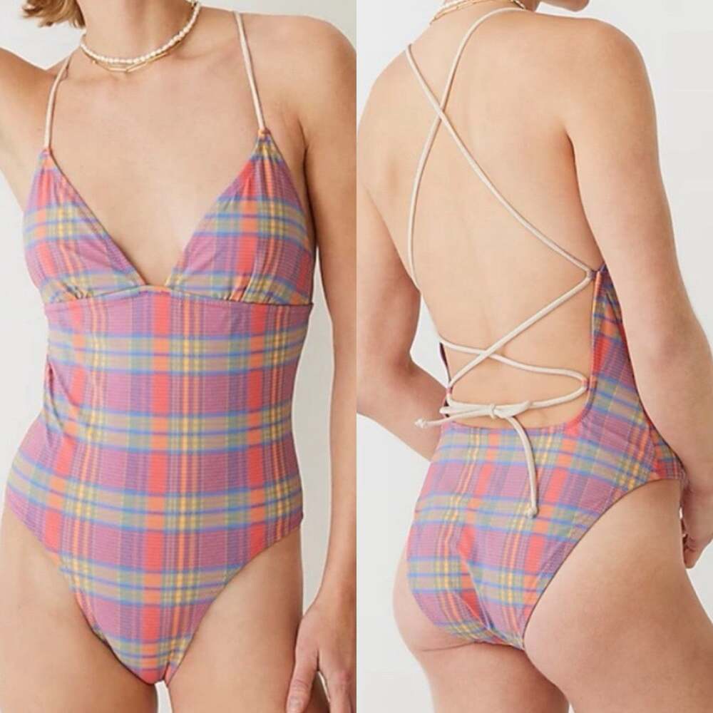 J Crew Strappy Cross Back One Piece Swimsuit Womens 18 Sunset Plaid Plus Size